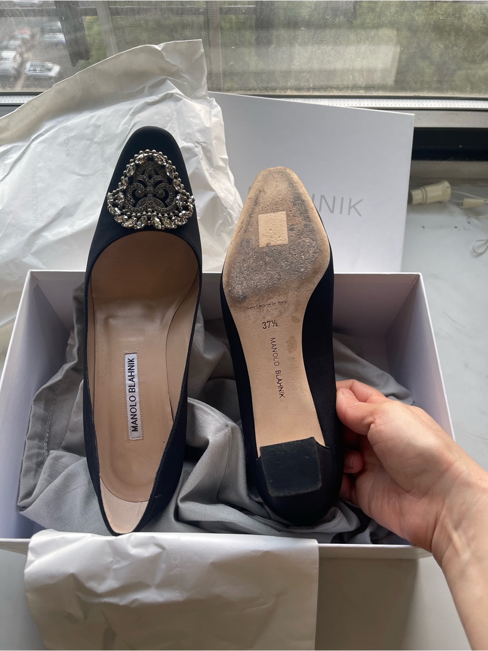 Manolo Blahnik Black Embellished Satin Pumps with Crystal Brooch - Picture 10 of 13